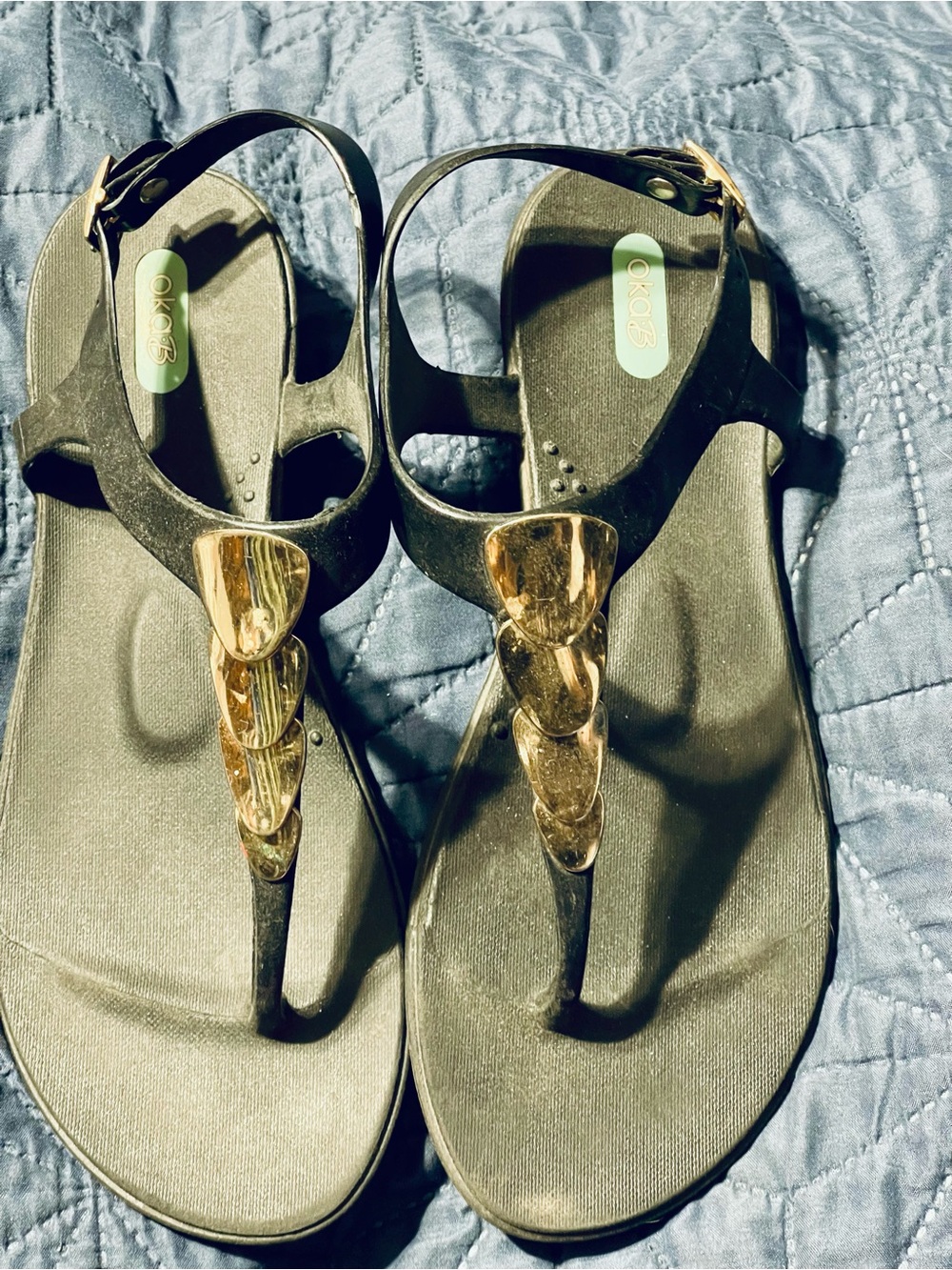OKA b. Black Jelly T-Strap Sandals with Gold Accents